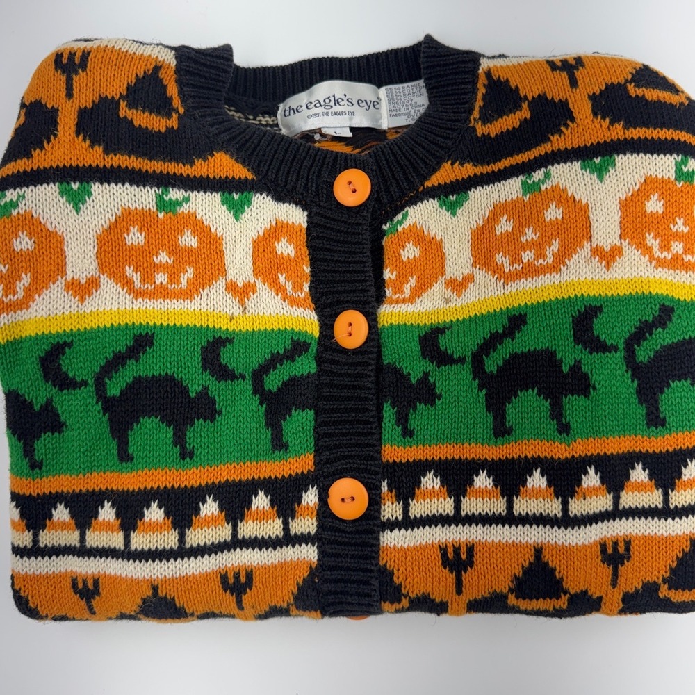 Vintage 1991 The Eagles Eye Halloween Cardigan Sweater Large Black Cat Pumpkin